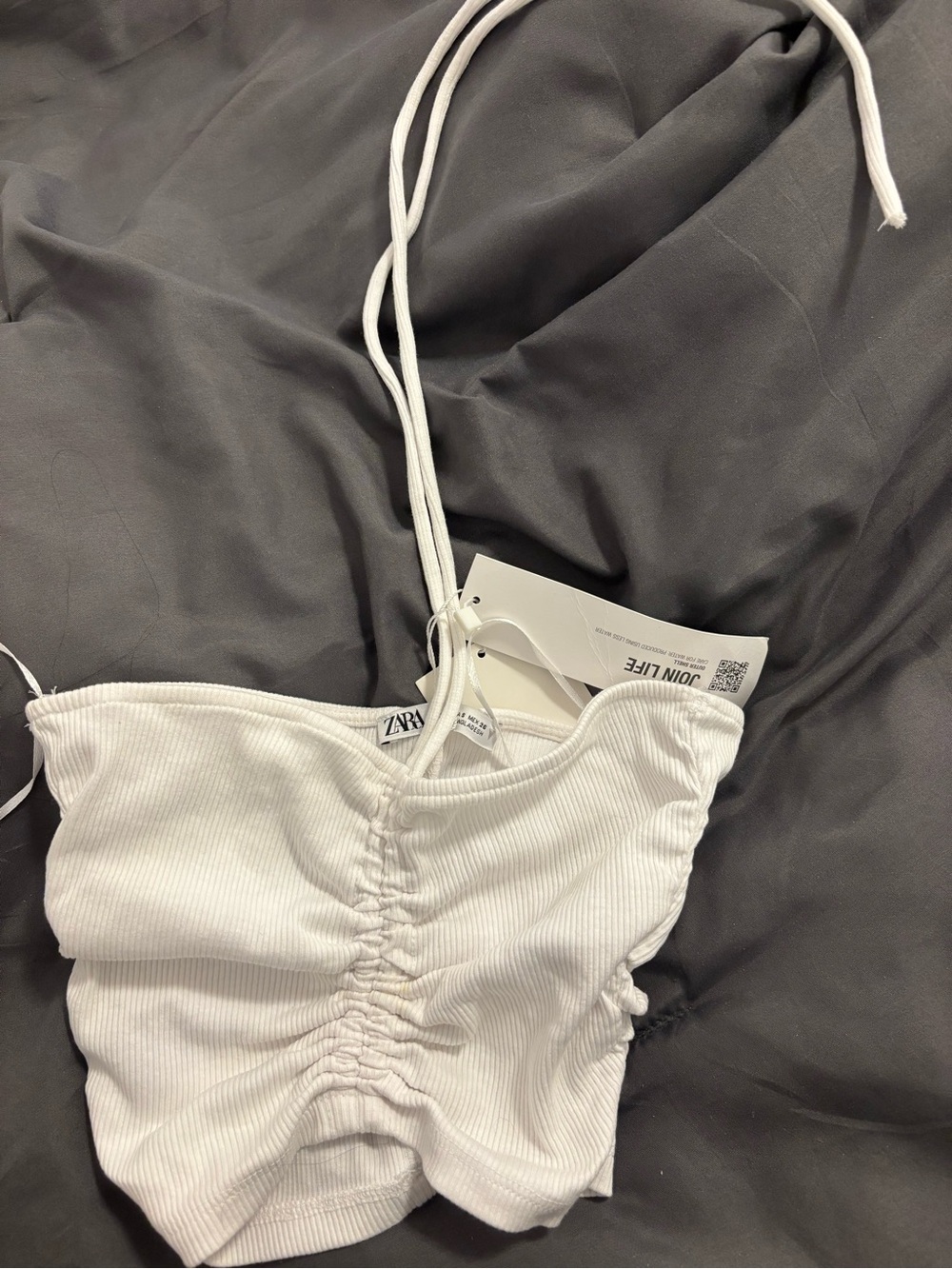 Zara White Ruched Ribbed Crop Top